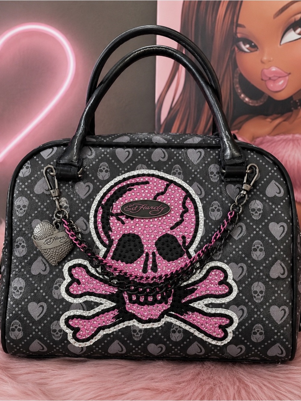 Ed Hardy Pink and Black Crystal Skull Dome Satchel Bag